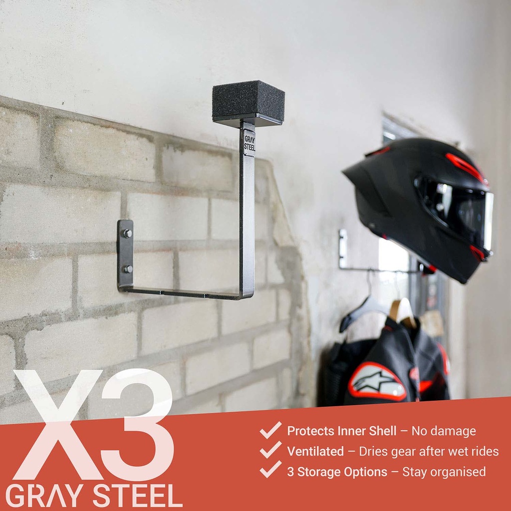 Gray steel X3 helmet & gear wall mount