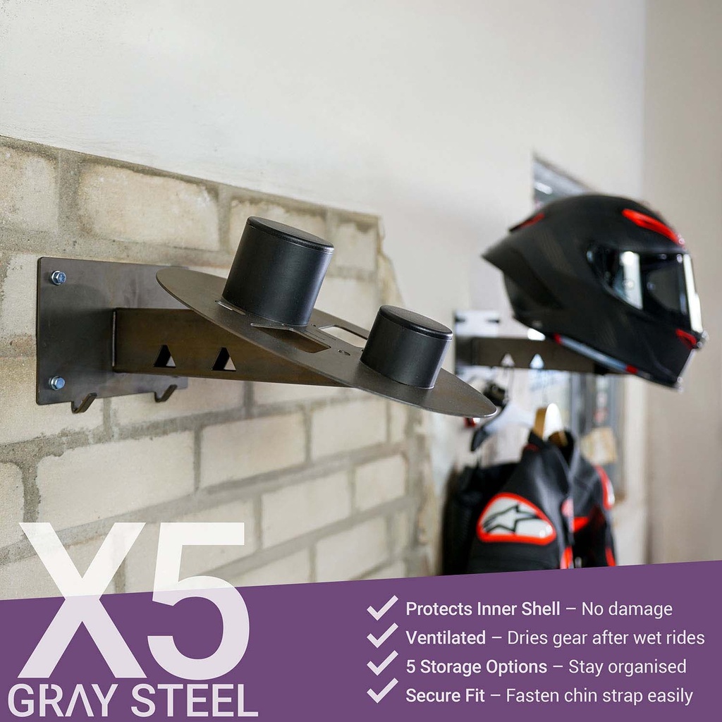 Gray steel X5 helmet & gear wall mount