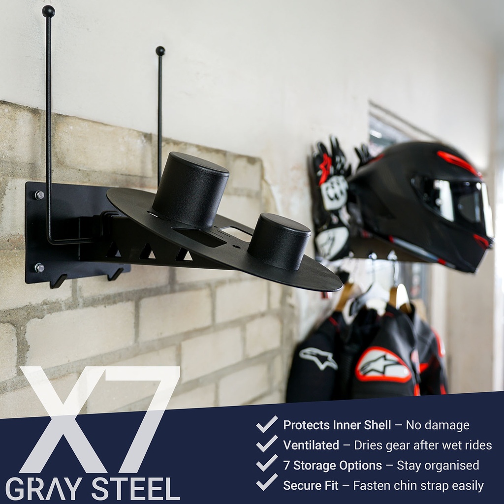 Gray steel X7 helmet & gear wall mount